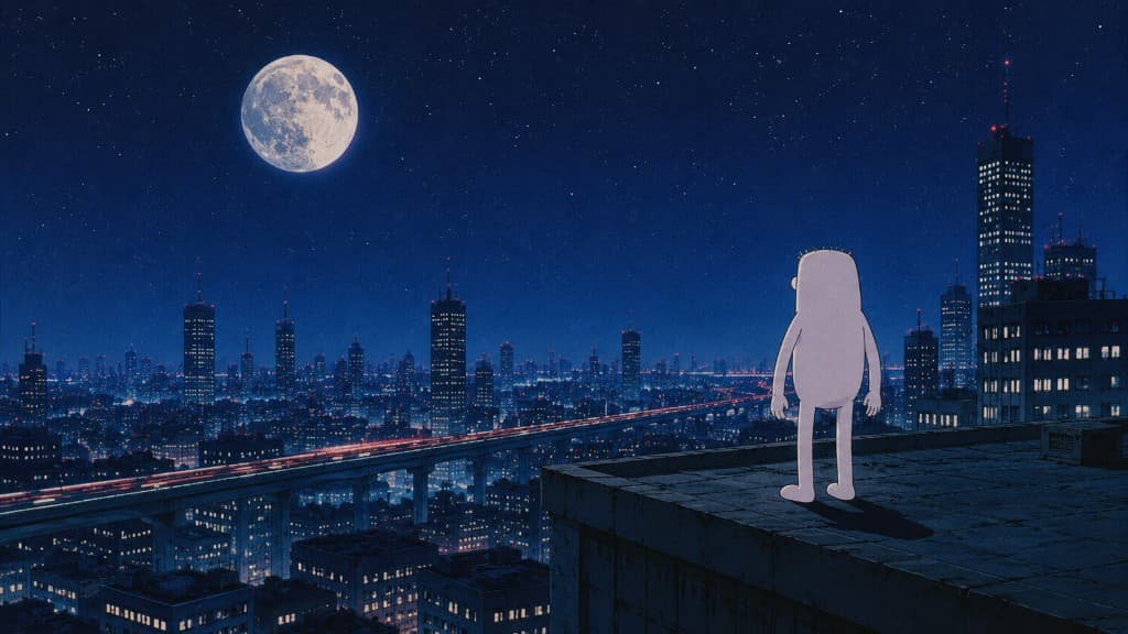 Bobbo standing on a rooftop overlooking a moonlit city