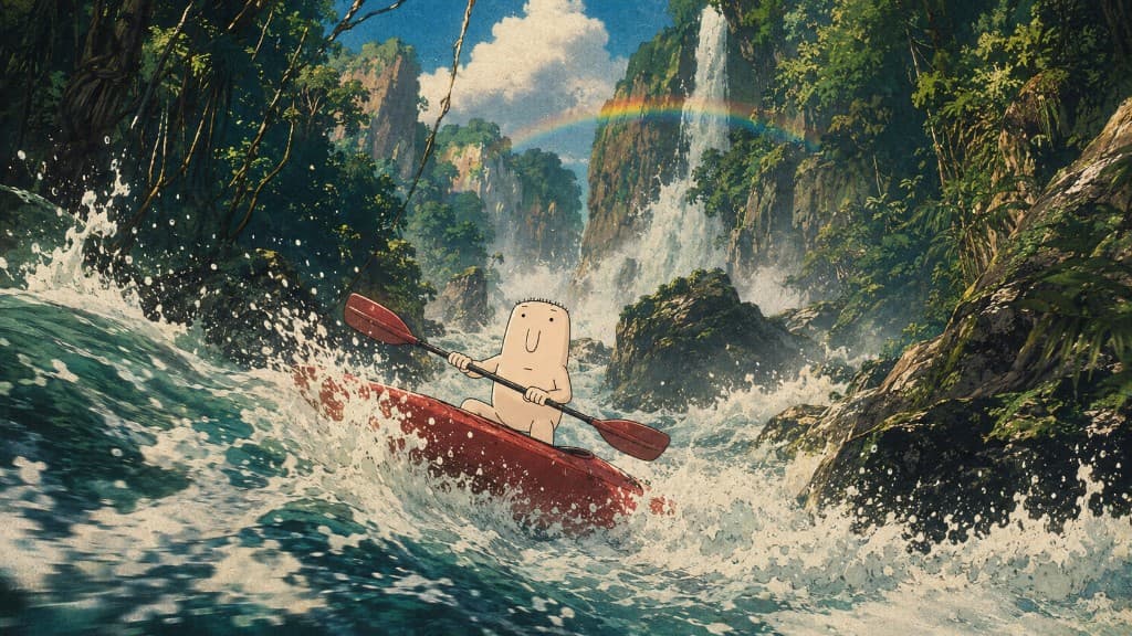 Bobbo kayaking through jungle whitewater with a rainbow behind him, completely unfazed